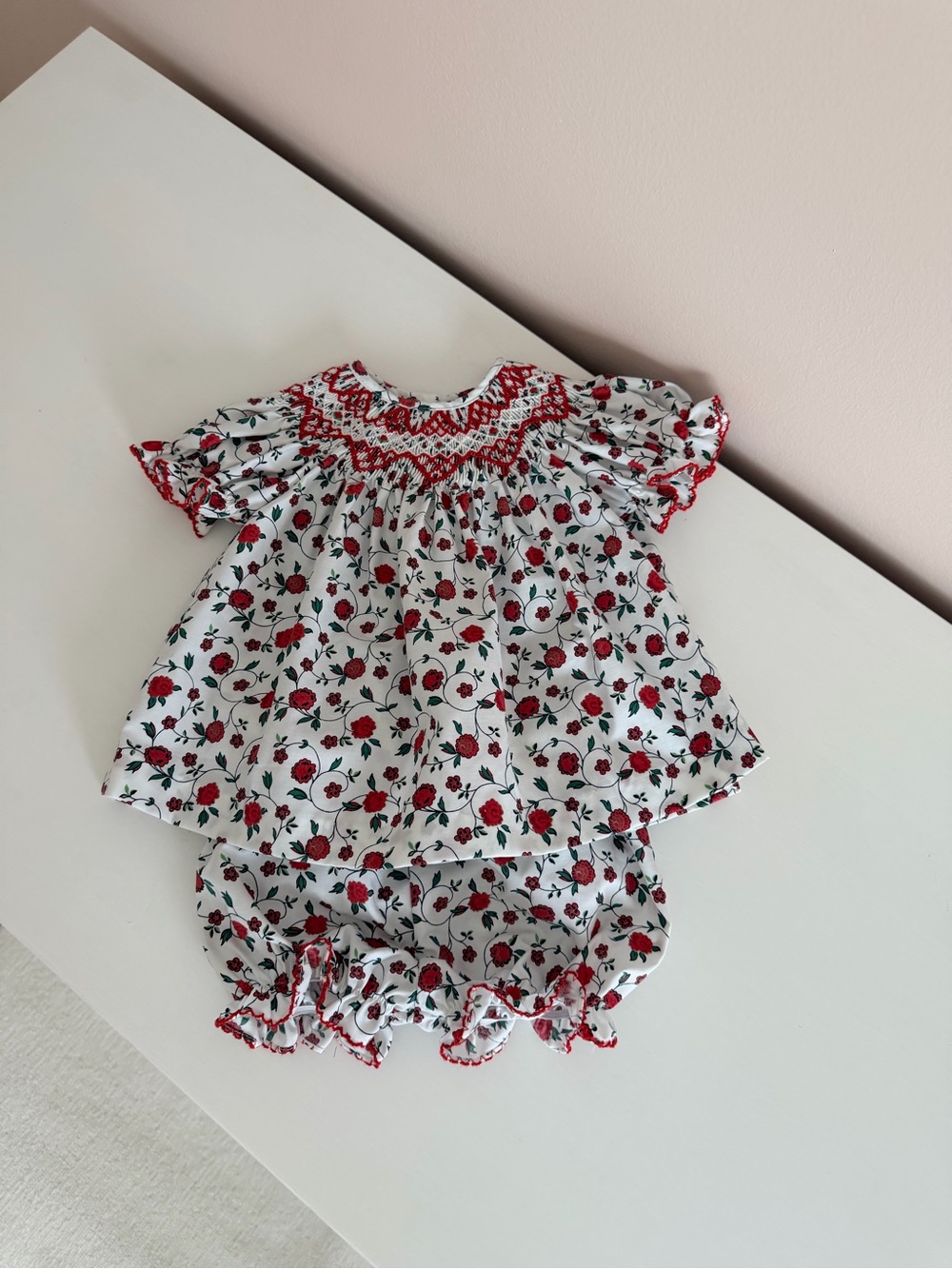 Edgehill Collection White and Red Floral Smocked Diaper Cover Set